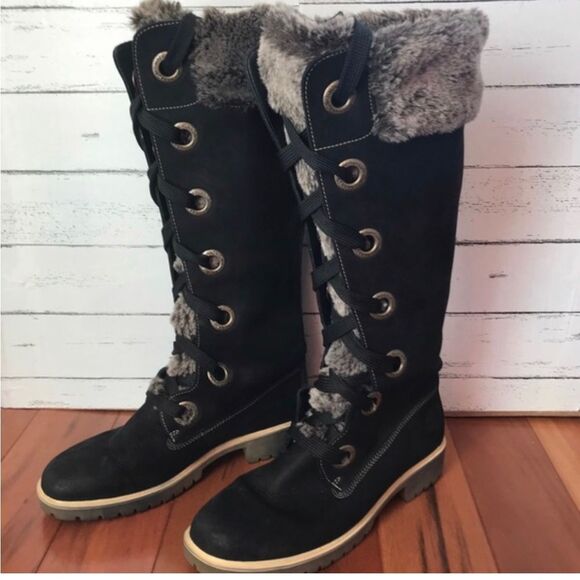 Timberland Mirney black grey fur leather suede lace up knee high boots tims 8.5 - Picture 3 of 12